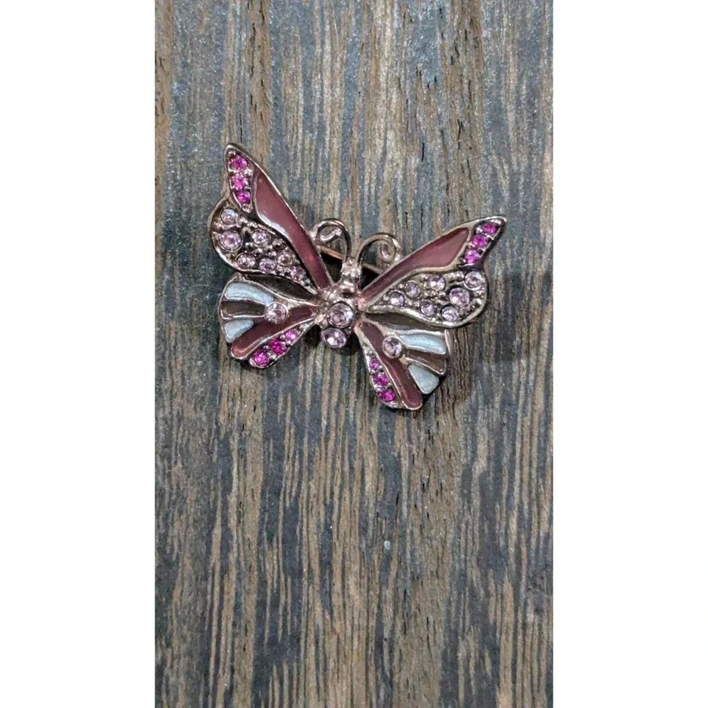 Vintage Enamel Butterfly Brooch With Pink & Clear‎ Rhinestones Estate 1.25
